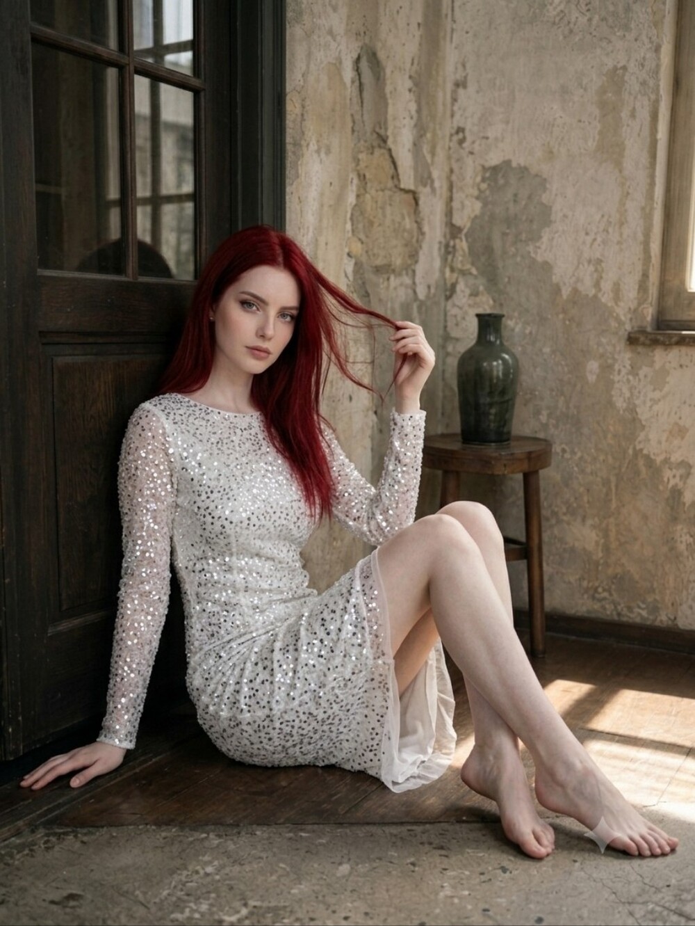 Adrianna Papell Ivory Sequin Mesh Sheath Dress Long Sleeve Fairycore Pearl 0 CC